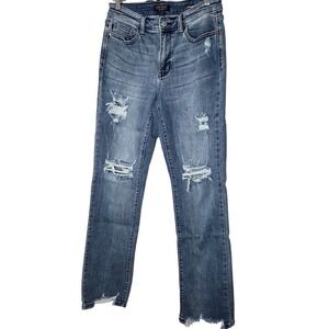 Judy Blue Straight Leg Jeans Distressed Raw Hem Stretch Medium Wash